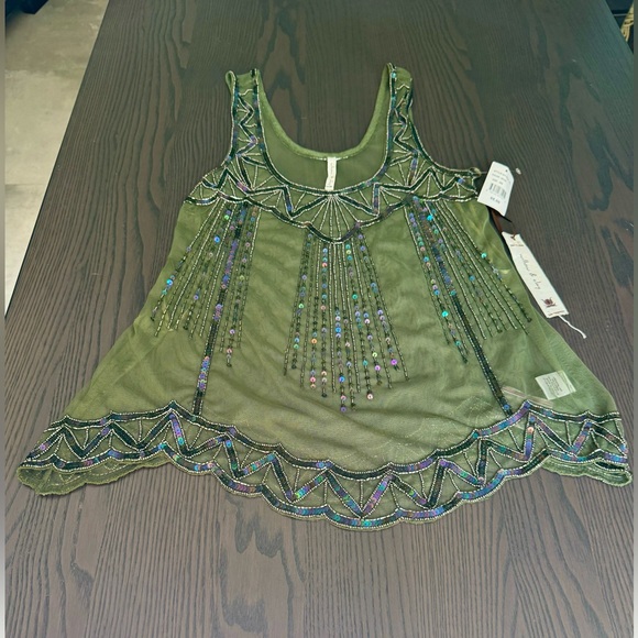 Willow and Clay Sheer Mesh Embellished Olive Green tank Sz Xs - Picture 3 of 6